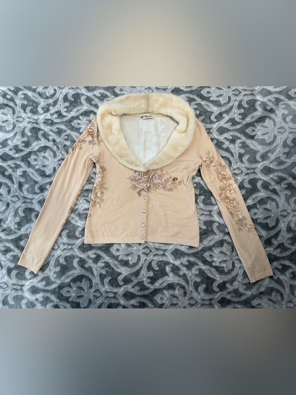 Blumarine Cream Floral Embroidered Cardigan with Natural Fur Collar